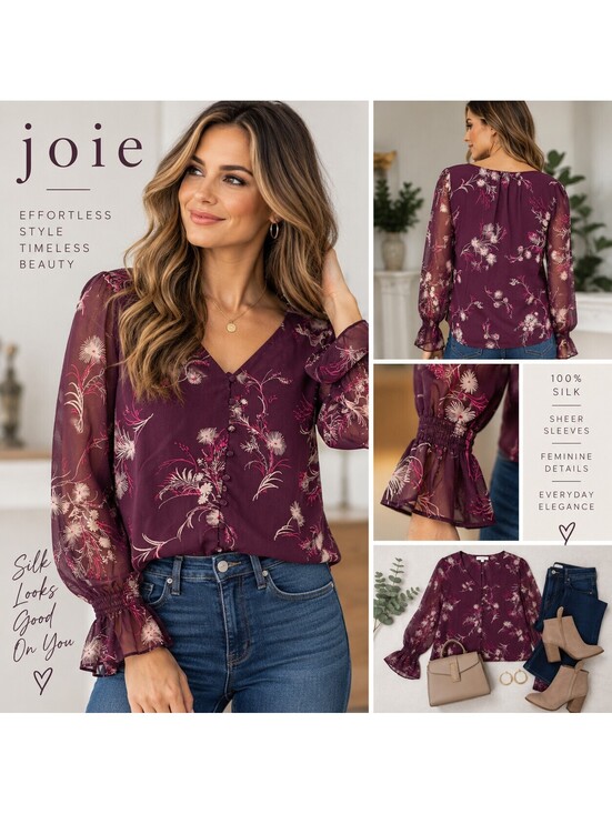 Joie Tops - Joie 100% Silk Floral Blouse S Burgundy Sheer Sleeve Ruffle Cuff Button Front